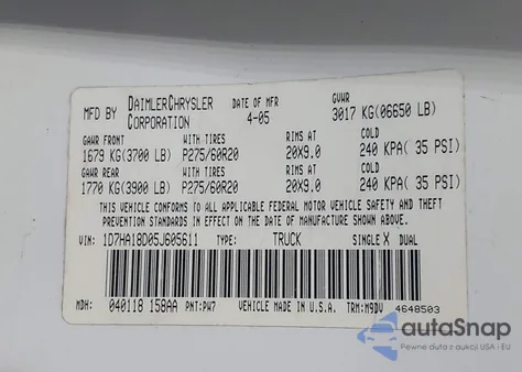 2005 Dodge Ram 1500 Slt/Laramie z USA, uszkodzony, nr VIN 1D7HA18D05J605611